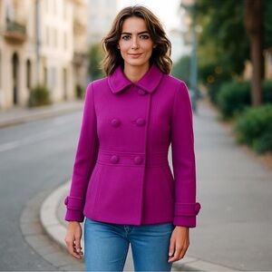 Talbots Double Breasted Wool Pea Coat Magenta Purple Winter Dress Coat Peacoat